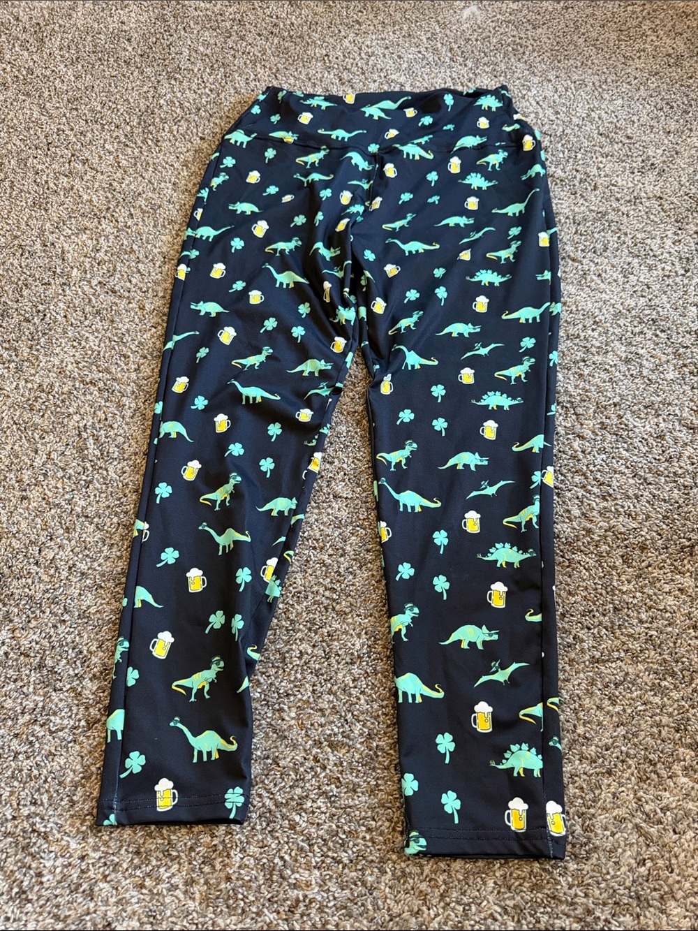 Tipsy Elves Black Leggings with Green Dinosaur & Yellow Beer Accent Print